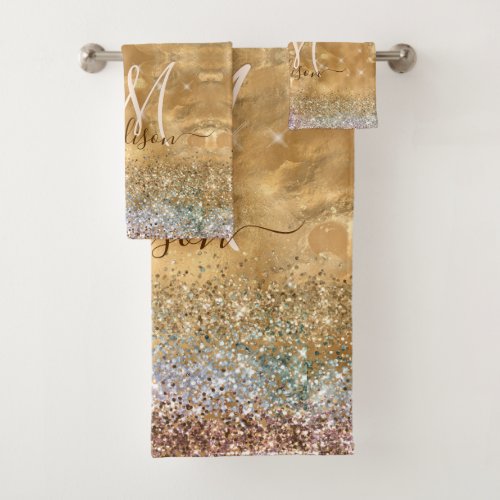 Chic Gold Silver iridescent glitter monogram Bath Towel Set