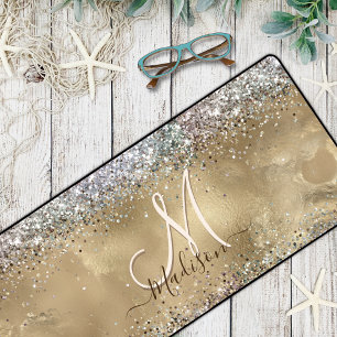 Chic Gold Silver iridescent glitter monogram Desk Mat