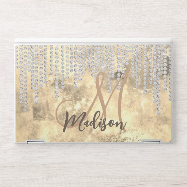 Chic gold silver rhinestone drips monogram HP laptop skin (Front)