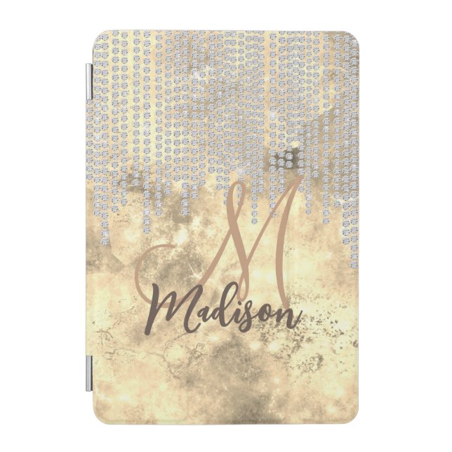 Chic gold silver rhinestone drips monogram iPad mini cover (Front)