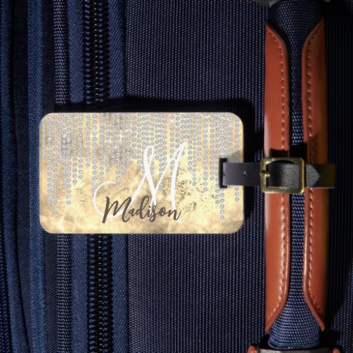 Chic gold silver rhinestone drips monogram luggage tag