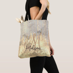 Chic gold silver rhinestone drips monogram tote bag