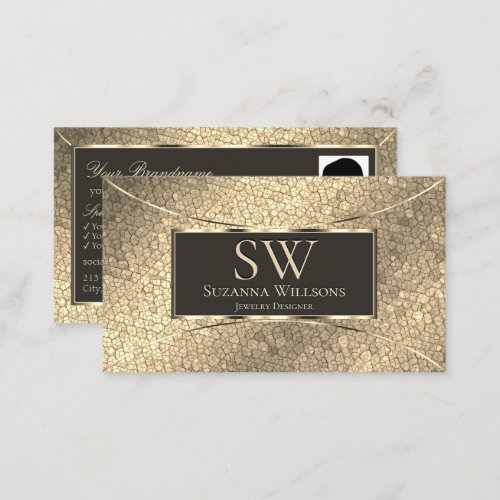 Chic Gold Snake Dark Brown with Monogram and Photo Business Card