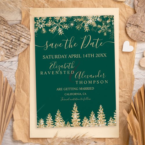 Chic gold snow pine green Christmas Save The Date