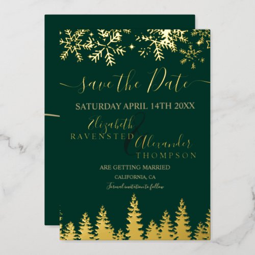 Chic gold snow pine green Christmas Save The Date Foil Invitation