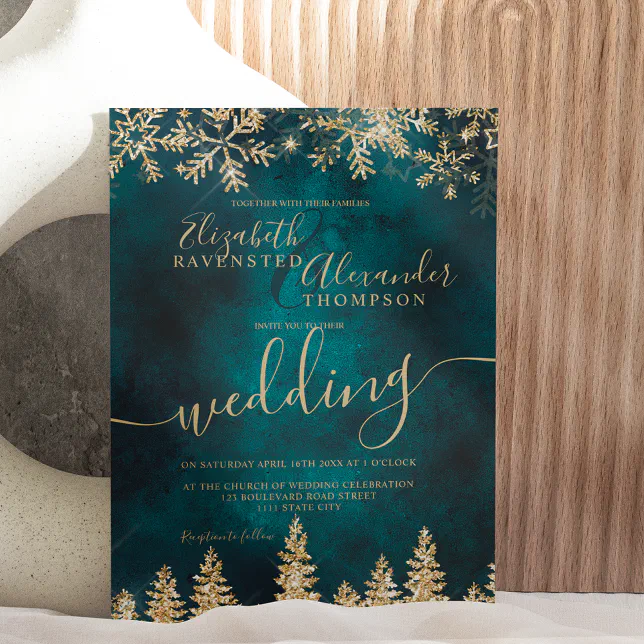 Chic gold snow pine green Christmas winter wedding Invitation | Zazzle