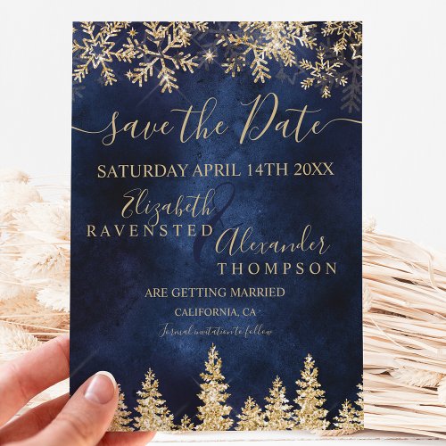 Chic gold snow pine navy Christmas save the date