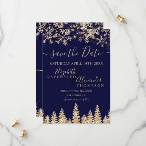 Chic gold snow pine navy Christmas save the date