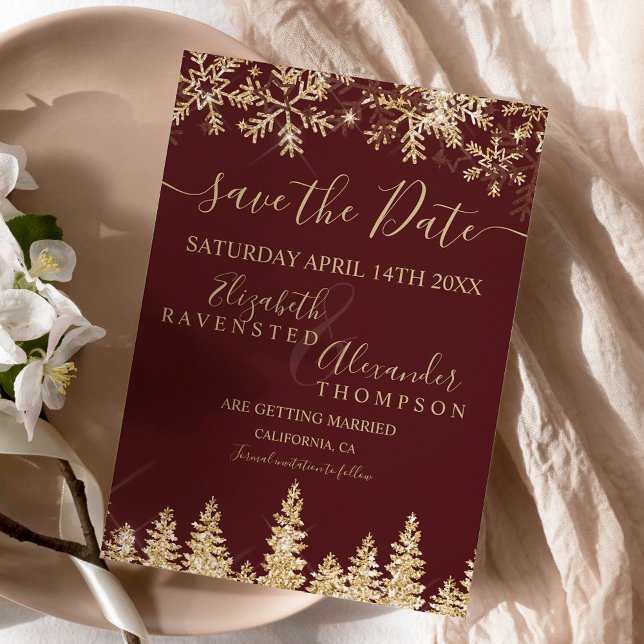 Chic gold snow pine red Christmas save the date (Chic gold snow pine red Christmas save the date)