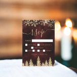 Chic gold snow pine red Christmas winter rsvp<br><div class="desc">Time to celebrate your winter wonderland wedding theme with this luxury chic gold glitter snowflakes sparkles and yellow gold glitter pine tree forest on an elegant festive red burgundy watercolor background,  featuring a modern cool script font typography. Perfect rsvp card for your winter wonderland wedding.</div>