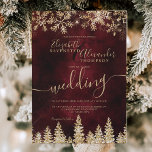 Chic gold snow pine red Christmas winter wedding Invitation<br><div class="desc">Time to celebrate your winter wonderland wedding theme with this luxury yellow gold glitter snowflakes sparkles and rose gold glitter pine tree forest on an elegant festive emerald red burgundy watercolor background,  featuring a modern cool script font typography.</div>
