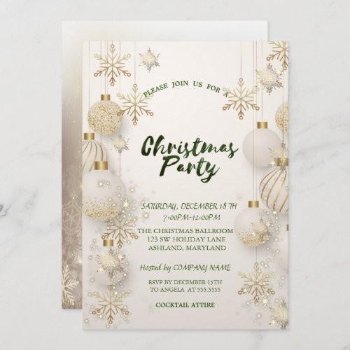 Chic Gold SnowflakesBalls Christmas Company Party Invitation