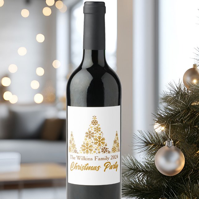Chic Gold Snowflakes Christmas Party Personalized Wine Label (Creator Uploaded)