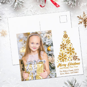 Chic Gold Snowflakes Christmas Tree Family Photo Holiday Postcard