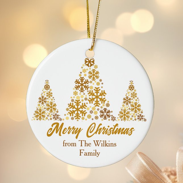 Chic Gold Snowflakes Christmas Tree Personalized Ceramic Ornament (Creator Uploaded)