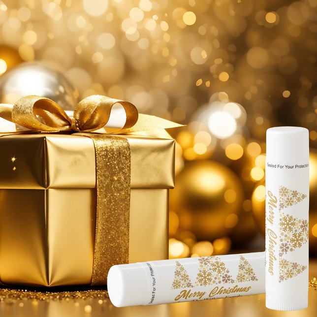 Chic Gold Snowflakes Christmas Tree Personalized Lip Balm (Creator Uploaded)