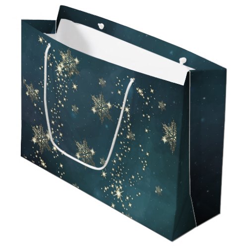 Chic Gold Snowflakes Green Large Gift Bag