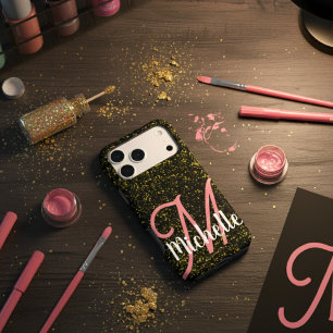 Chic Gold sparkle black pink monogram unique girly iPhone 17 Pro Max Case