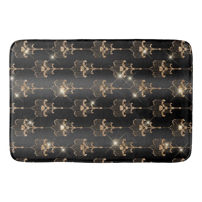 Chic Gold Sparkle Chandelier Black Bath Mat (Front)