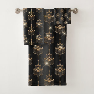 Chic Gold Sparkle Chandelier Black Bath Towel Set