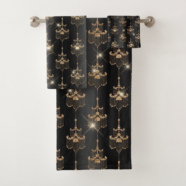 Chic Gold Sparkle Chandelier Black Bath Towel Set (Insitu)