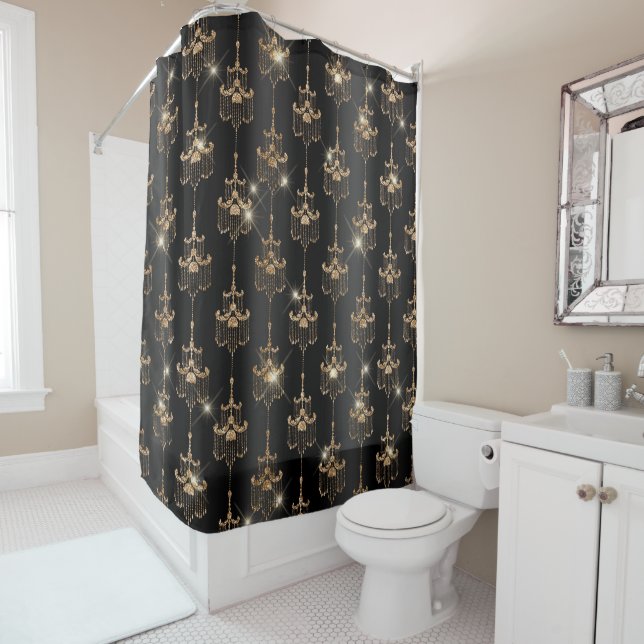 Chic Gold Sparkle Chandelier Black Shower Curtain (In Situ)
