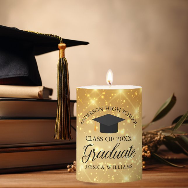 Chic Gold Sparkle Graduate Custom Graduation Gift Pillar Candle (Creator Uploaded)