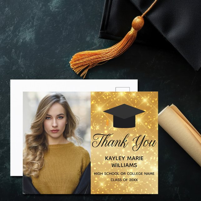 Chic Gold Sparkle Graduation Photo 2024 Thank You Postcard (Creator Uploaded)