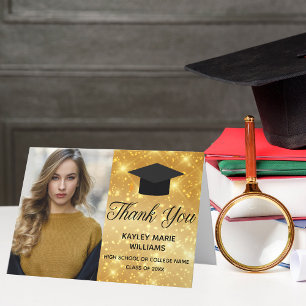 Chic Gold Sparkle Graduation Photo 2025 Graduate Letterpress Thank You Card