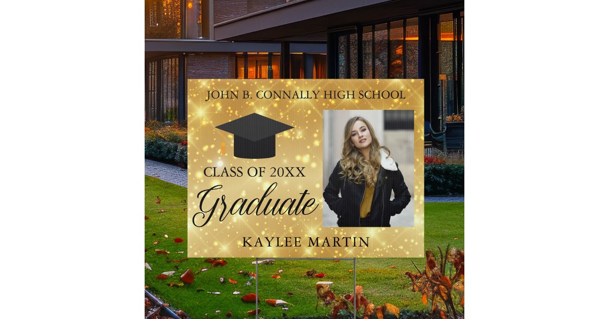 Chic Gold Sparkle Graduation Photo Custom Yard Sign | Zazzle