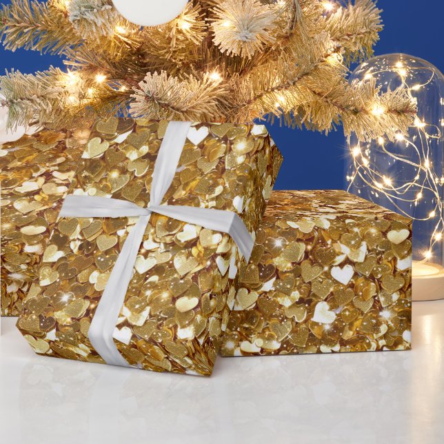 Chic Gold Sparkle Hearts Wrapping Paper (Holidays)
