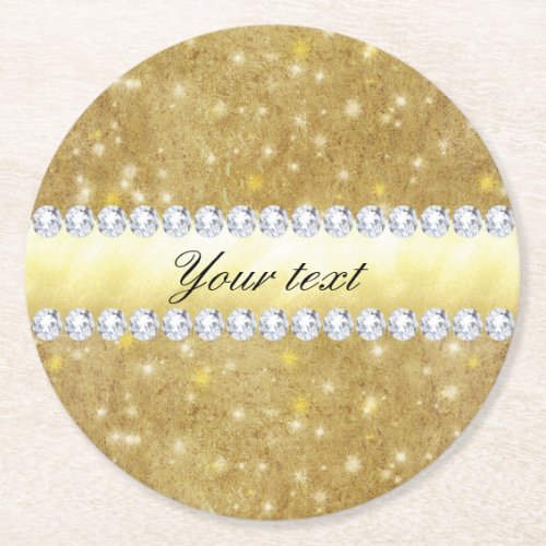 Chic Gold Sparkling Stars and Diamonds Round Paper Coaster