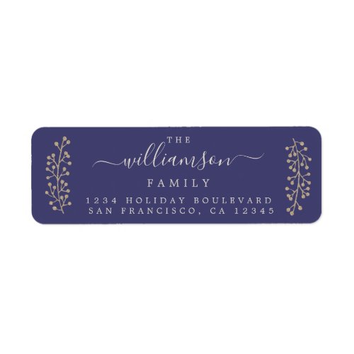 Chic Gold Sprig Blue Christmas Return Address Label