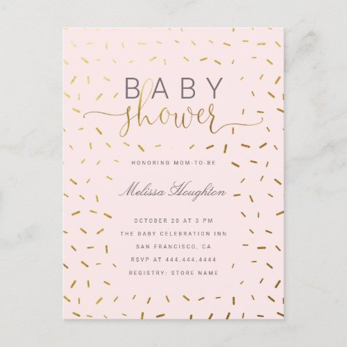 Chic Gold Sprinkle Confetti  Pink Baby Shower Invitation Postcard