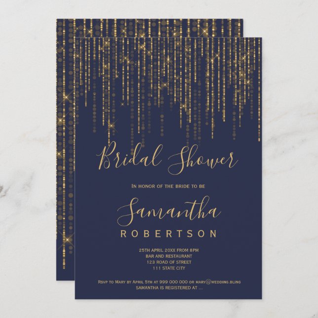 Chic gold string lights navy blue bridal shower invitation (Front/Back)
