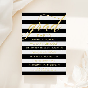Chic Gold Striped Grad Party Foil Invitation