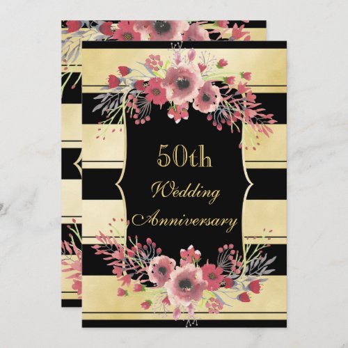 Chic Gold Stripes Floral Watercolor 50th Wedding Invitation