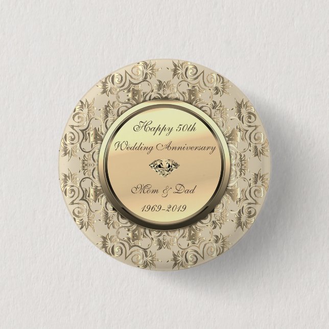 Chic Gold Swirls Diamond 50th Wedding Anniversary Button (Front)