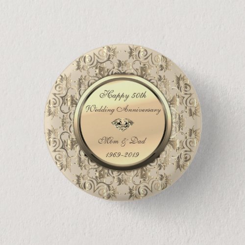 Chic Gold Swirls Diamond 50th Wedding Anniversary Button