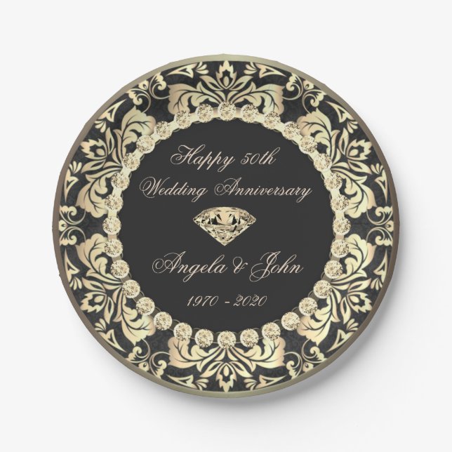 Chic Gold Swirls Diamonds 50th Wedding Anniversar Paper Plates (Front)