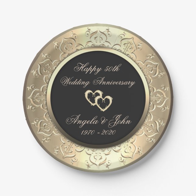 Chic Gold Swirls Hearts 50th Wedding Anniversar Paper Plates (Front)