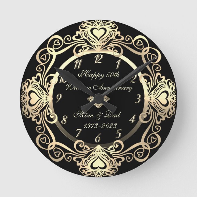Chic Gold Swirls Hearts Diamond 50th Wedding Round Clock (Front)