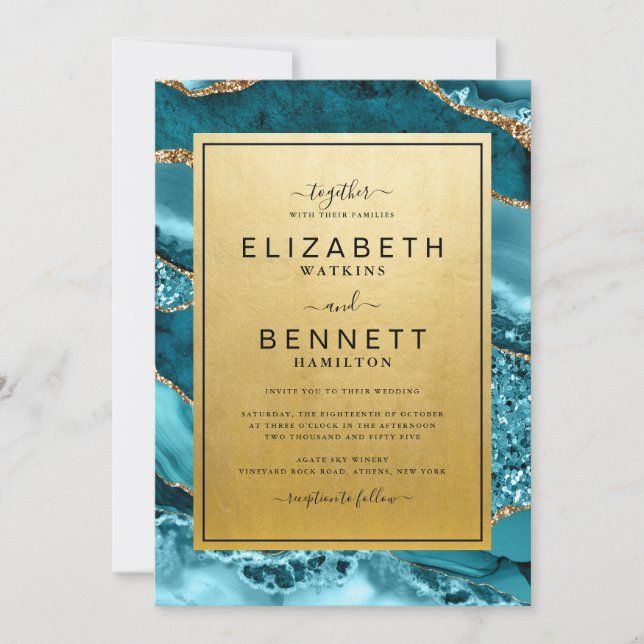 Chic Gold Teal Agate Wedding Invitation (Front)