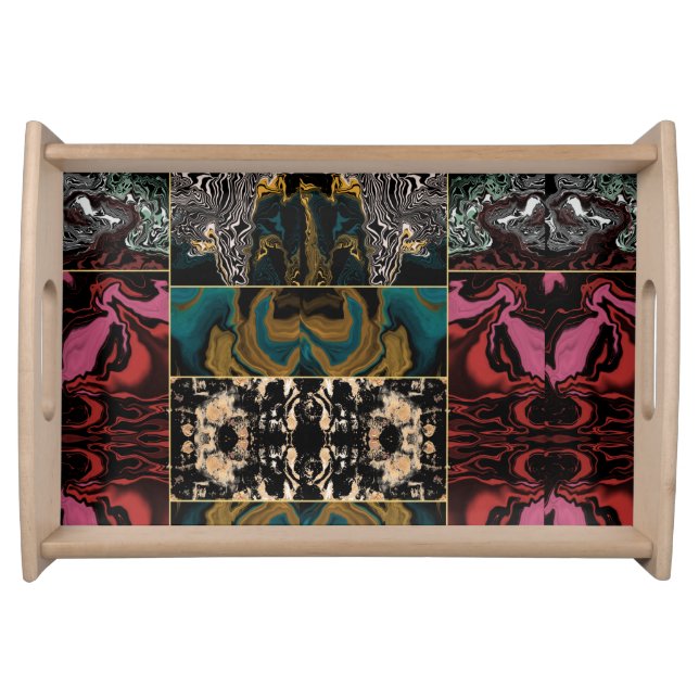 Chic Gold Teal and pink Liquid ink on black Marble Serving Tray (Front)