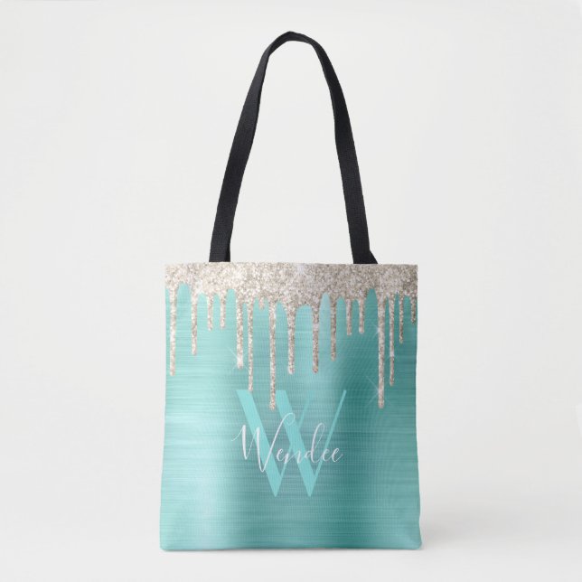 Chic Gold Teal Drip Glitter Monogram Glam Tote Bag (Front)
