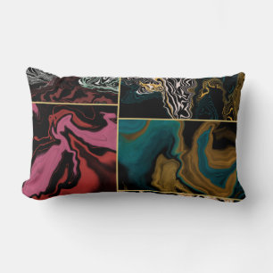 Chic Gold Teal & Pink Liquid Ink on Black Marble Lumbar Pillow