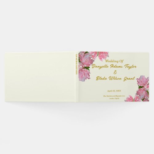 Chic Gold Text Pink Azaleas  Ivory Wedding Guest Book