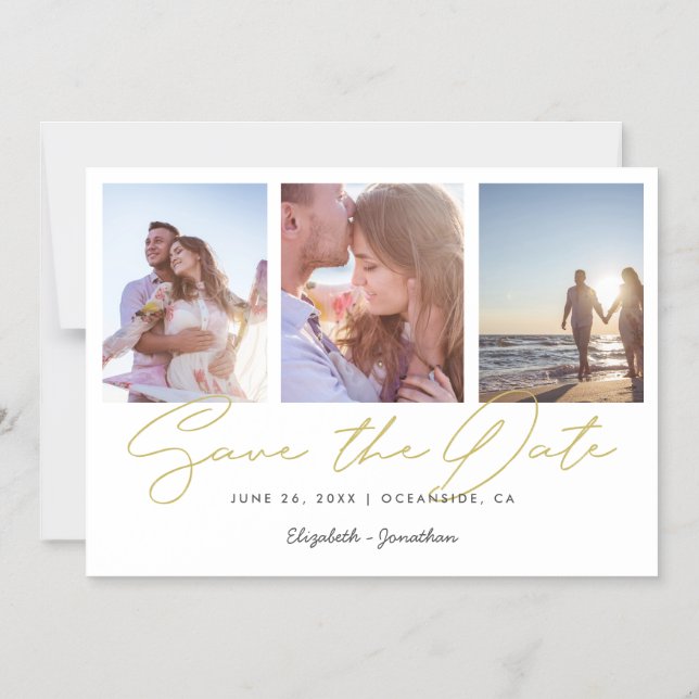 Chic Gold Three Photo Wedding Save the Date Magnet (Front)