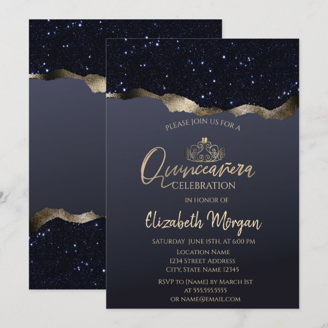 Chic Gold Tiara,Black Glitter  Invitation (Front/Back)