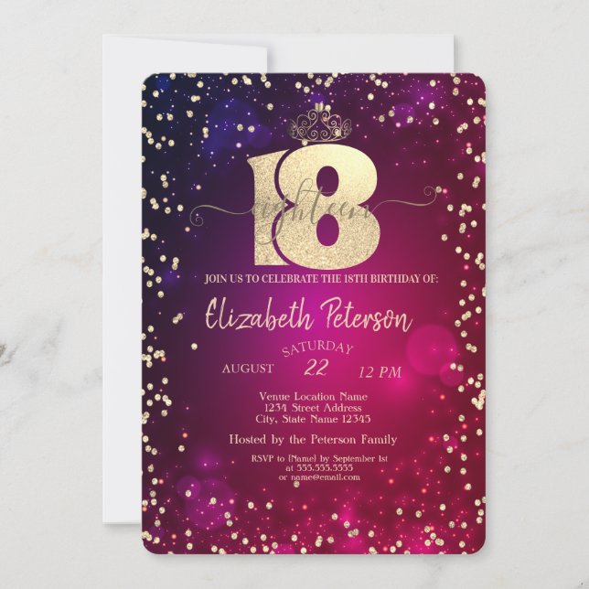 Chic Gold Tiara,Diamonds 18th Birthday Party Invitation (Front)